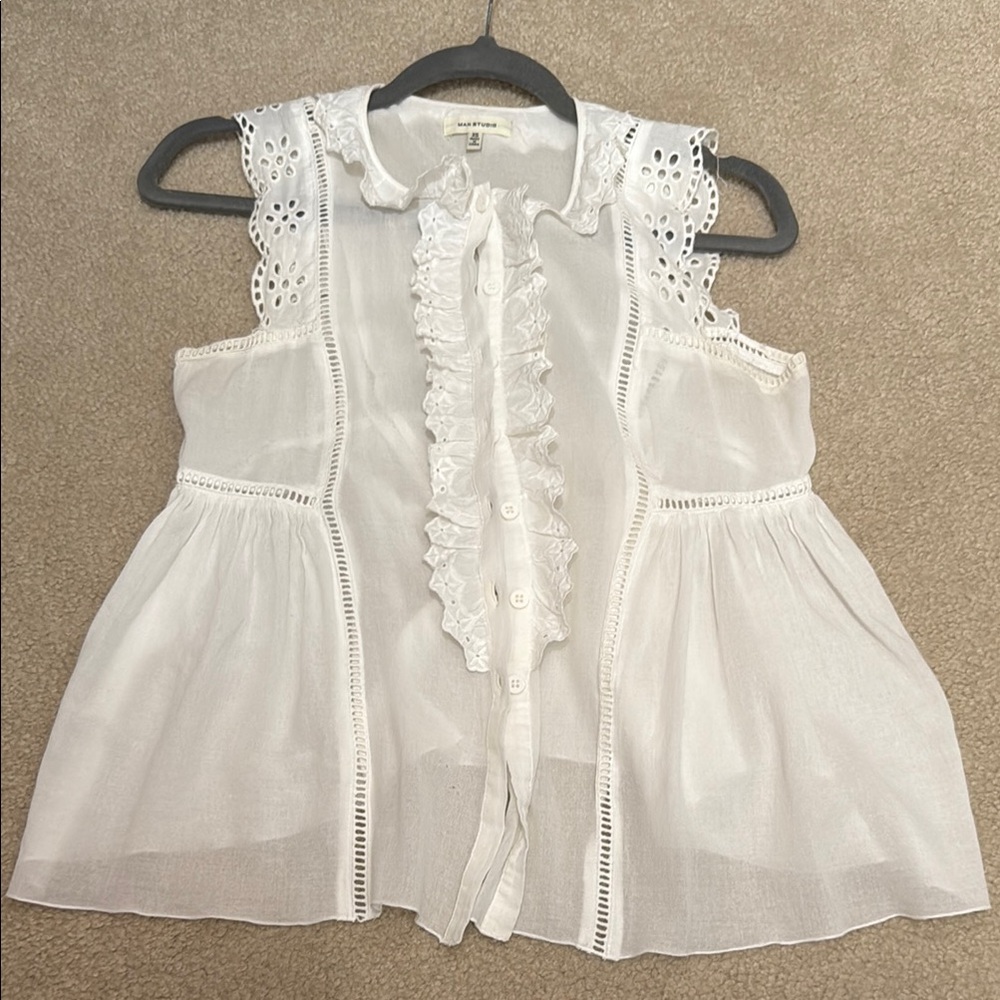 Max Studio White Ruffled Lace Blouse